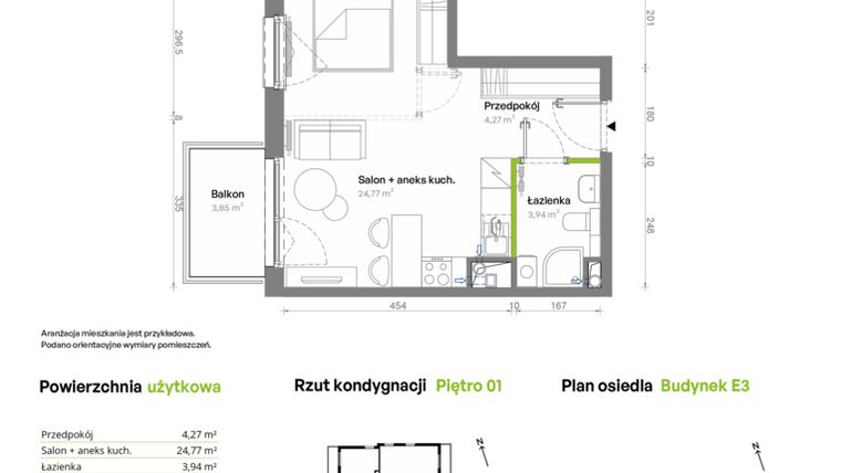 Rzut - Mieszkanie na sprzedaż 1 pokój o powierzchni 32,98 m² - numer E3.01.10 w Południe Vita