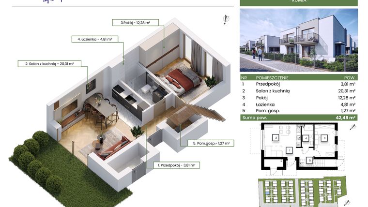 Rzut - Mieszkanie na sprzedaż 2 pokoje o powierzchni 42,48 m² - numer 4B w Rumia Osiedle Zielone Zacisze