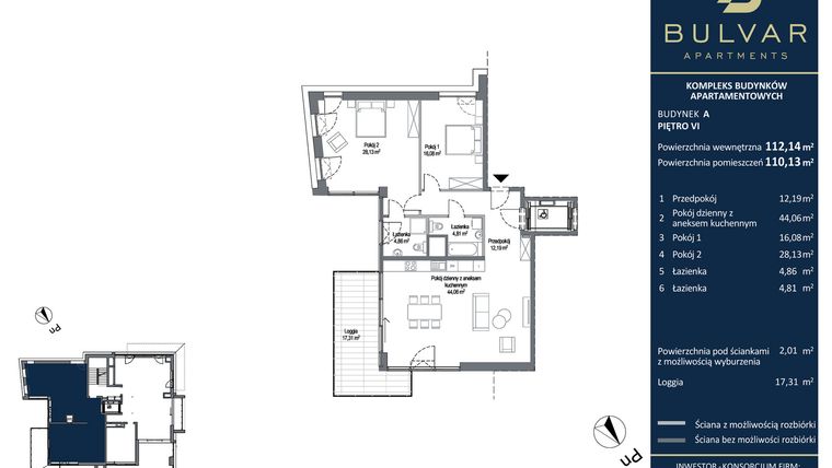 Rzut - Mieszkanie na sprzedaż 3 pokoje o powierzchni 111,5 m² - numer A.7.14 w Bulvar Apartments - etap I