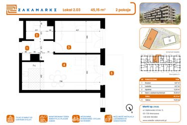Rzut - Mieszkanie na sprzedaż 2 pokoje o powierzchni 45,15 m² - numer B1/2/03 w Zakamarki