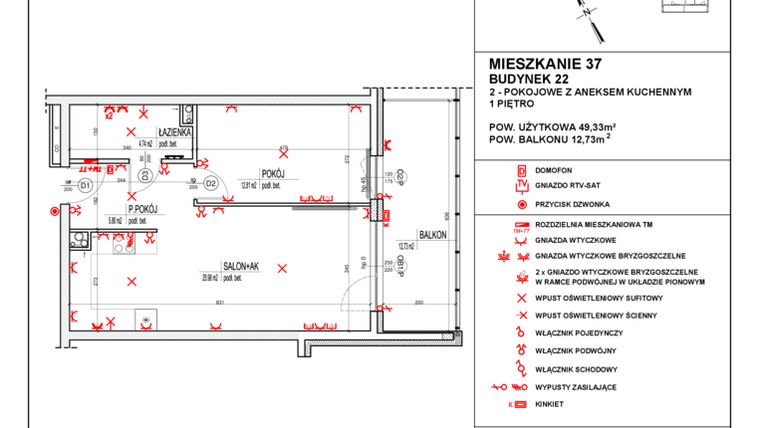 Rzut - Mieszkanie na sprzedaż 2 pokoje o powierzchni 49,33 m² - numer 22_37 w Osiedle 4 Pory Roku - Etap VIII