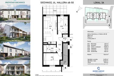 Rzut - Mieszkanie na sprzedaż 3 pokoje o powierzchni 52,46 m² - numer 3a w Przystań Siechnice