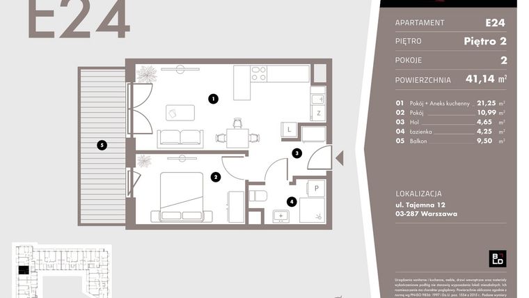 Rzut - Mieszkanie na sprzedaż 2 pokoje o powierzchni 41,14 m² - numer E24 w Livo