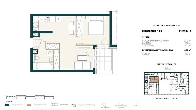 Rzut - Mieszkanie na sprzedaż 1 pokój o powierzchni 38,76 m² - numer 2. M3. w Przy Placu Wolności