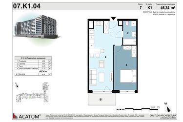 Rzut - Mieszkanie na sprzedaż 2 pokoje o powierzchni 46,34 m² - numer 07.K1.04 w Langiewicza 37