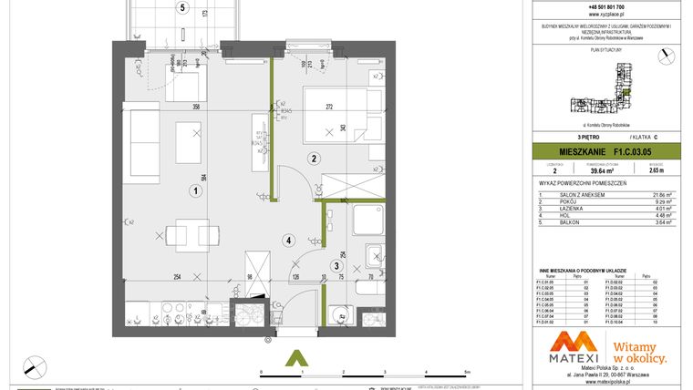 Rzut - Mieszkanie na sprzedaż 2 pokoje o powierzchni 39,64 m² - numer F1.C.03.05 w XYZ Place