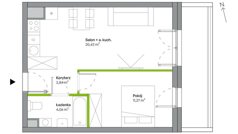 Rzut - Mieszkanie na sprzedaż 2 pokoje o powierzchni 38,59 m² - numer B.06.01.06 w WUWA Vita