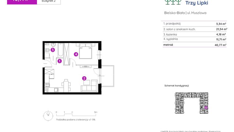 Rzut - Mieszkanie na sprzedaż 2 pokoje o powierzchni 40,77 m² - numer 2.B.1.06 w Murapol Trzy Lipki etap II