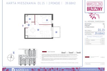 Rzut - Mieszkanie na sprzedaż 2 pokoje o powierzchni 39,68 m² - numer D1.15 w Miasteczko Brzeziny II
