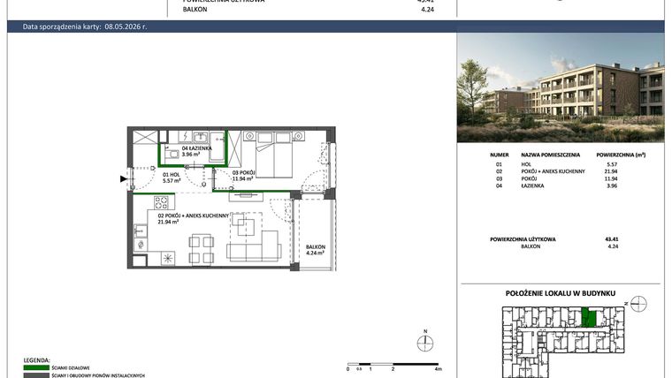 Rzut - Mieszkanie na sprzedaż 2 pokoje o powierzchni 43,41 m² - numer C-41 w Hillence etap 3