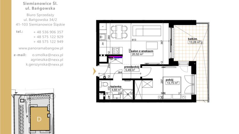 Rzut - Mieszkanie na sprzedaż 2 pokoje o powierzchni 44,44 m² - numer D.2.4 w Panorama Bańgów Etap II