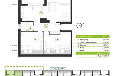 Rzut - Mieszkanie na sprzedaż 3 pokoje o powierzchni 74,27 m² - numer 1K1 M11 w Osiedle Krzeptów przy lesie