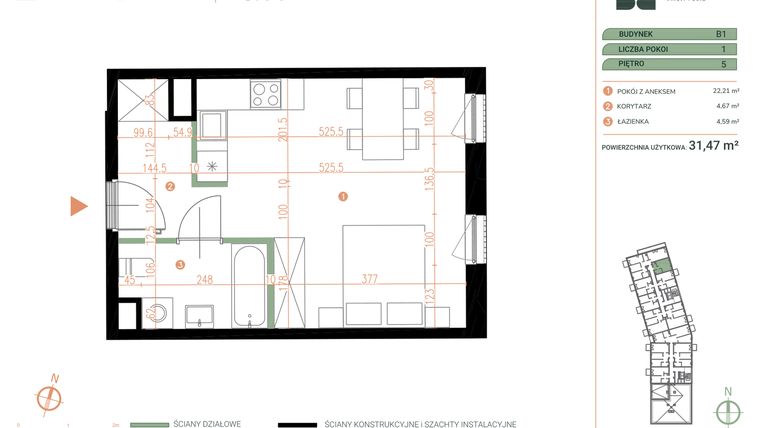 Rzut - Mieszkanie na sprzedaż 1 pokój o powierzchni 31,47 m² - numer M.05.14 w Casa Feliz Portowa II