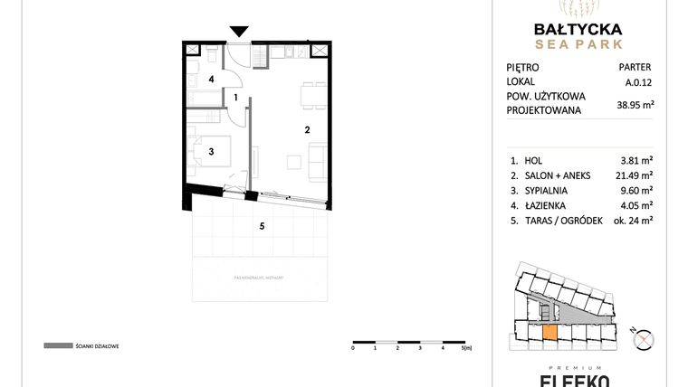 Rzut - Mieszkanie na sprzedaż 2 pokoje o powierzchni 38,95 m² - numer A.0.12 w Bałtycka Sea Park
