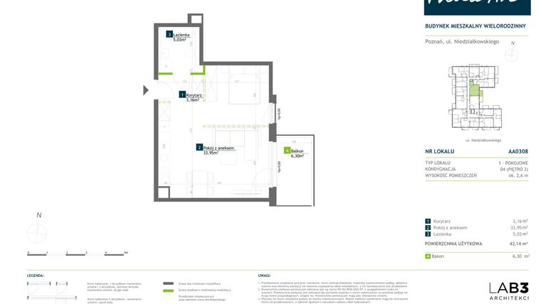 Rzut - Mieszkanie na sprzedaż 1 pokój o powierzchni 42,14 m² - numer AA0308 w Vilda Arte