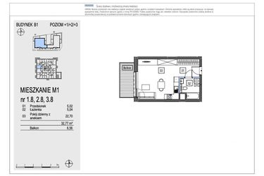 Rzut - Mieszkanie na sprzedaż 1 pokój o powierzchni 32,77 m² - numer B1.3.8 w Chryzantemovo