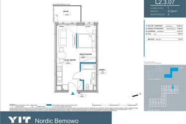 Rzut - Mieszkanie na sprzedaż 1 pokój o powierzchni 31,36 m² - numer L2.3.07 w Nordic Bemowo - etap III