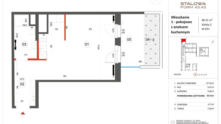 Rzut - Mieszkanie na sprzedaż 1 pokój o powierzchni 38,31 m² - numer 31 w Stalowa Form 43.45
