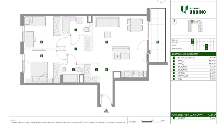 Rzut - Mieszkanie na sprzedaż 3 pokoje o powierzchni 70,8 m² - numer 1.3.C.59 w Osiedle Urbino