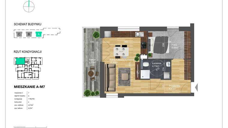 Rzut - Mieszkanie na sprzedaż 2 pokoje o powierzchni 43,74 m² - numer A-M7 w Bunscha Park 4.0