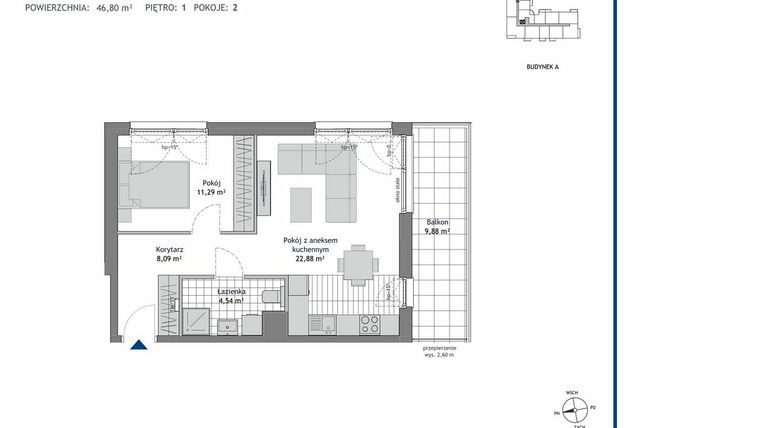 Rzut - Mieszkanie na sprzedaż 2 pokoje o powierzchni 46,8 m² - numer A.1.3 w Linea bud. A
