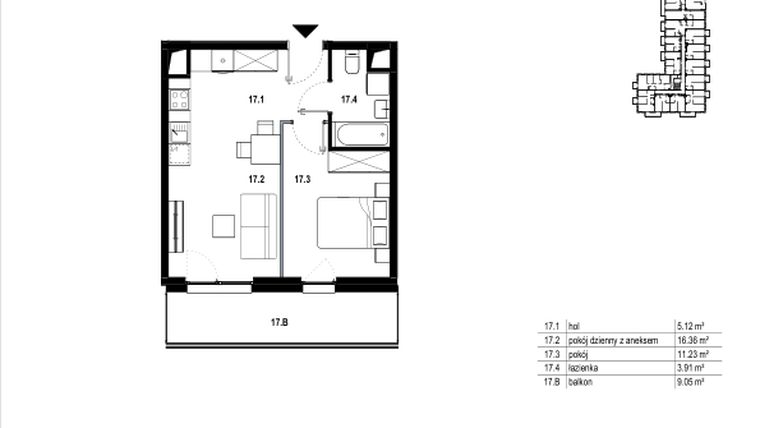 Rzut - Mieszkanie na sprzedaż 2 pokoje o powierzchni 36,62 m² - numer C3.17 w Osiedle Mozaika