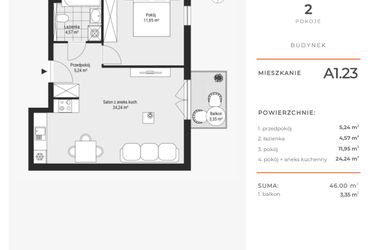 Rzut - Mieszkanie na sprzedaż 2 pokoje o powierzchni 46 m² - numer A1.23 w Enklawa Bukowa