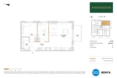 Rzut - Mieszkanie na sprzedaż 3 pokoje o powierzchni 66,13 m² - numer A.1.01 w Ananasowa