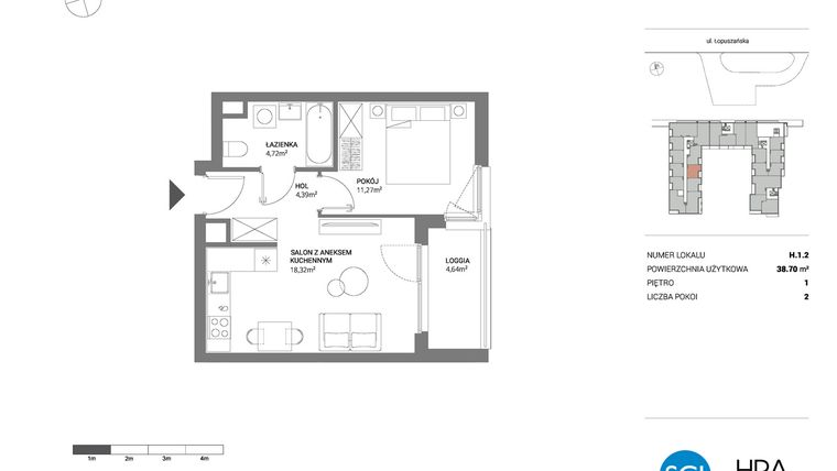 Rzut - Mieszkanie na sprzedaż 2 pokoje o powierzchni 38,7 m² - numer H.1.2 w Łopuszańska 47 - etap 3