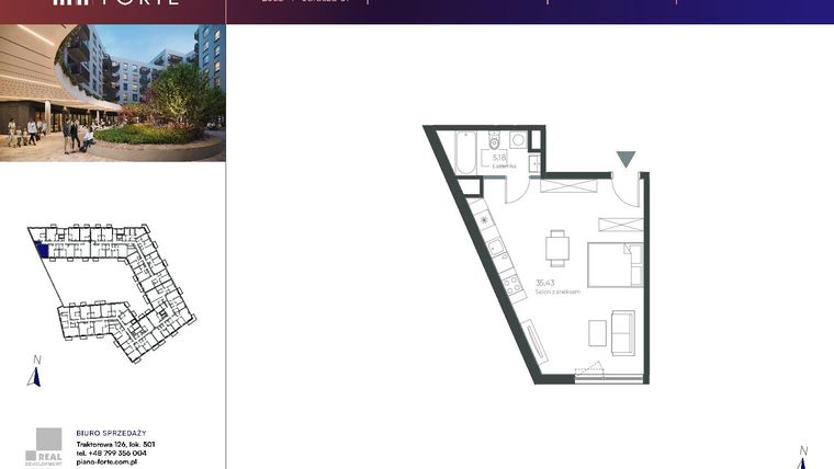 Rzut - Mieszkanie na sprzedaż 1 pokój o powierzchni 40,61 m² - numer A.3.22 w Piano