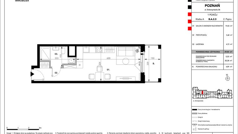 Rzut - Mieszkanie na sprzedaż 1 pokój o powierzchni 29,83 m² - numer B.A.2.3 w Zajezdnia