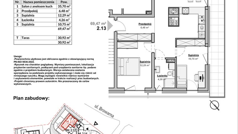 Rzut - Mieszkanie na sprzedaż 3 pokoje o powierzchni 69,47 m² - numer M2.13 w Bulwary Apartamenty