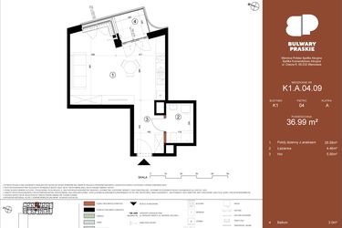 Rzut - Mieszkanie na sprzedaż 1 pokój o powierzchni 37 m² - numer K1.A.04.09 w Bulwary Praskie etap K i L