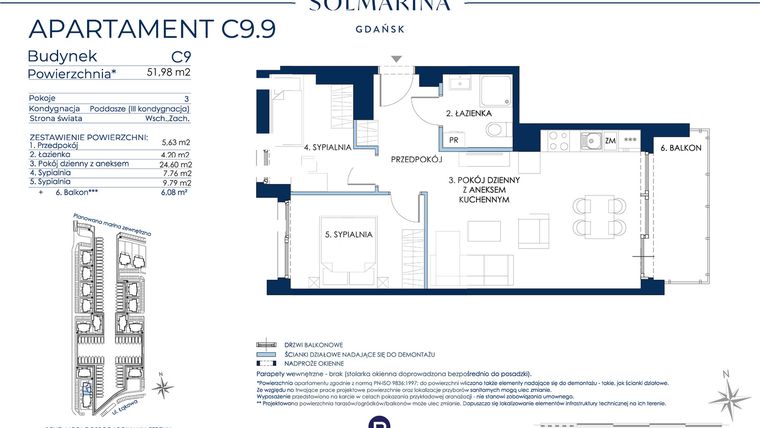 Rzut - Mieszkanie na sprzedaż 3 pokoje o powierzchni 51,98 m² - numer C9.9 w Sol Marina etap III
