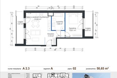 Rzut - Mieszkanie na sprzedaż 2 pokoje o powierzchni 50,65 m² - numer A 2.3 w Nowe Zabłocie