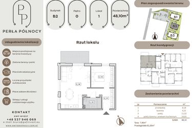Rzut - Mieszkanie na sprzedaż 2 pokoje o powierzchni 48,1 m² - numer B2.0_1 w Perła Północy etap 2