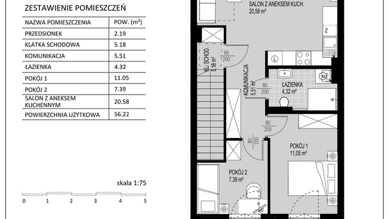 Rzut - Mieszkanie na sprzedaż 3 pokoje o powierzchni 56,22 m² - numer C8 w Kowalove etap 2