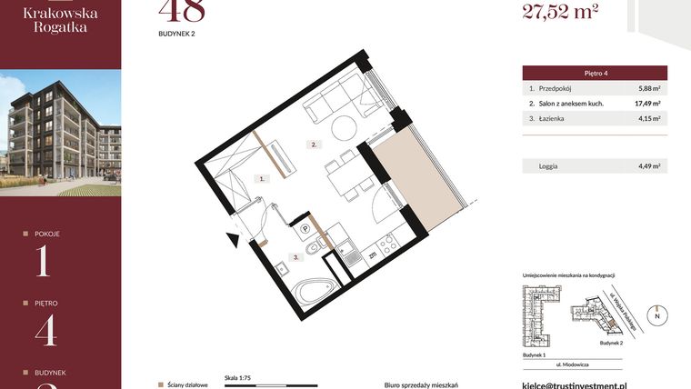 Rzut - Mieszkanie na sprzedaż 1 pokój o powierzchni 27,52 m² - numer 2.M48 w Krakowska Rogatka