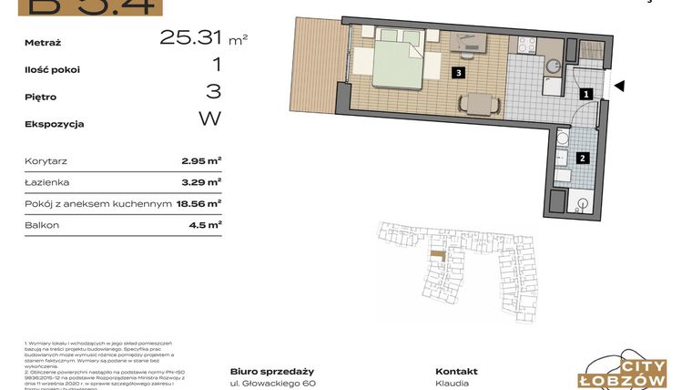 Rzut - Mieszkanie na sprzedaż 1 pokój o powierzchni 25,47 m² - numer B 5.4 w City Łobzów