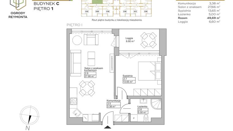 Rzut - Mieszkanie na sprzedaż 2 pokoje o powierzchni 49,69 m² - numer M23 w Ogrody Reymonta