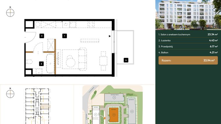 Rzut - Mieszkanie na sprzedaż 1 pokój o powierzchni 33,94 m² - numer B2.2.14 w Wierzbowa 20