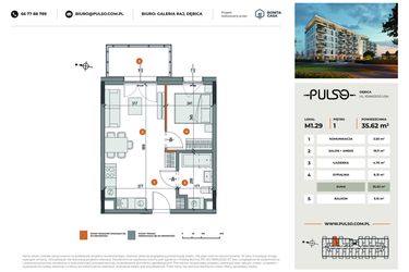 Rzut - Mieszkanie na sprzedaż 2 pokoje o powierzchni 35,62 m² - numer M1.29 w Pulso