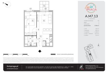 Rzut - Mieszkanie na sprzedaż 2 pokoje o powierzchni 37,96 m² - numer A.M7.13 w Livin' Praga