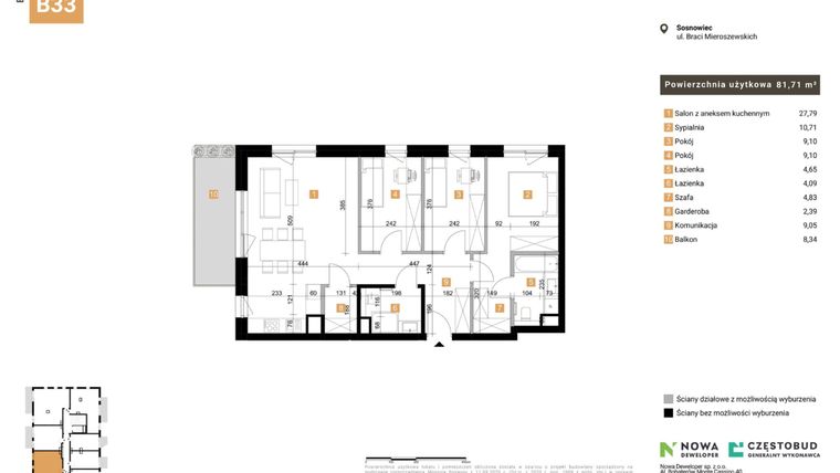 Rzut - Mieszkanie na sprzedaż 4 pokoje o powierzchni 81,71 m² - numer 33 w Nowy Sosnowiec