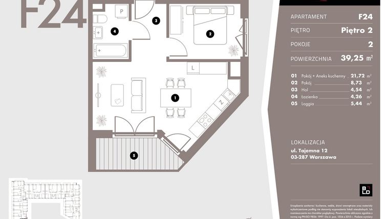 Rzut - Mieszkanie na sprzedaż 2 pokoje o powierzchni 39,25 m² - numer F24 w Livo