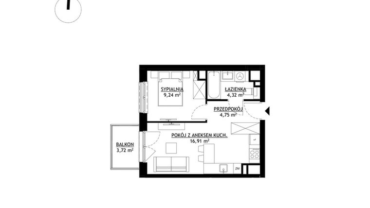 Rzut - Mieszkanie na sprzedaż 2 pokoje o powierzchni 35,22 m² - numer A30 w FUTURO