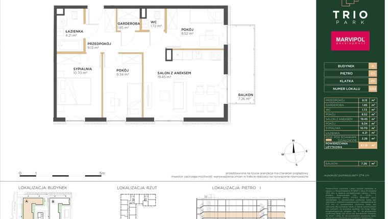 Rzut - Mieszkanie na sprzedaż 4 pokoje o powierzchni 67,18 m² - numer A022 w Trio Park