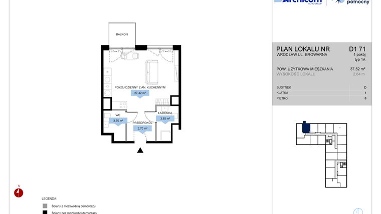 Rzut - Mieszkanie na sprzedaż 1 pokój o powierzchni 37,42 m² - numer D1.71 w Bulwar Północny