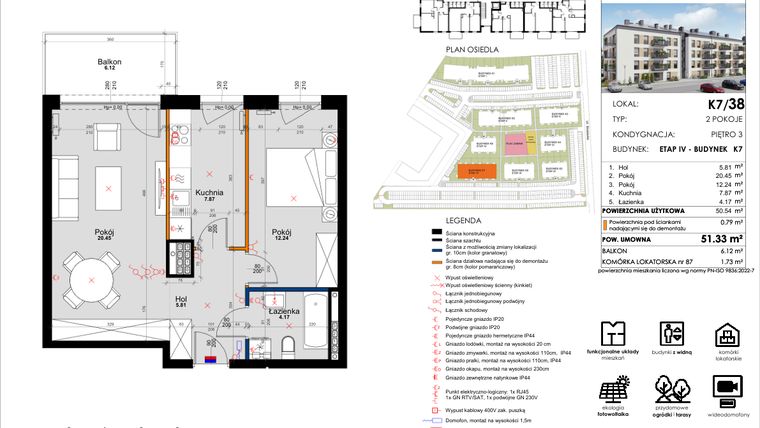 Rzut - Mieszkanie na sprzedaż 2 pokoje o powierzchni 51,33 m² - numer K7/38 w Kleszczewo Park - etap IV