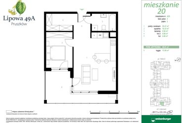 Rzut - Mieszkanie na sprzedaż 2 pokoje o powierzchni 49,91 m² - numer 20A w Lipowa 49A